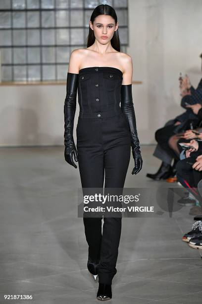 Model walks the runway at the David Koma Ready to Wear Fall/Winter 2018-2019 fashion show during London Fashion Week February 2018 on February 19,...