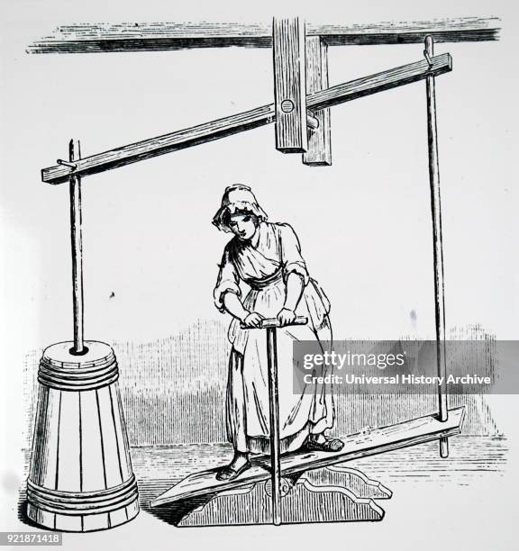 Engraving depicting a type of see-saw to work a vertical butter churn in Holland. Dated 19th century.