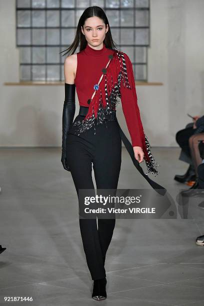 Model walks the runway at the David Koma Ready to Wear Fall/Winter 2018-2019 fashion show during London Fashion Week February 2018 on February 19,...