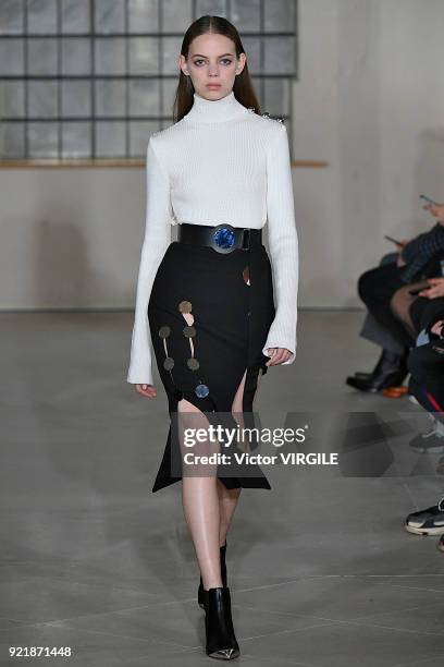 Model walks the runway at the David Koma Ready to Wear Fall/Winter 2018-2019 fashion show during London Fashion Week February 2018 on February 19,...