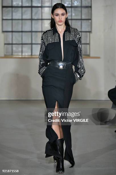 Model walks the runway at the David Koma Ready to Wear Fall/Winter 2018-2019 fashion show during London Fashion Week February 2018 on February 19,...