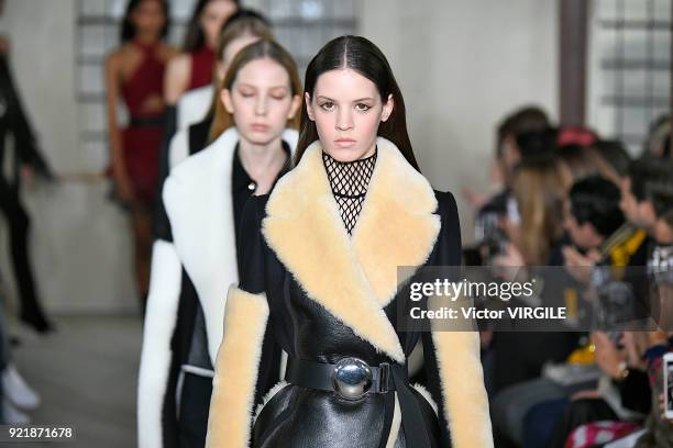 Model walks the runway at the David Koma Ready to Wear Fall/Winter 2018-2019 fashion show during London Fashion Week February 2018 on February 19,...