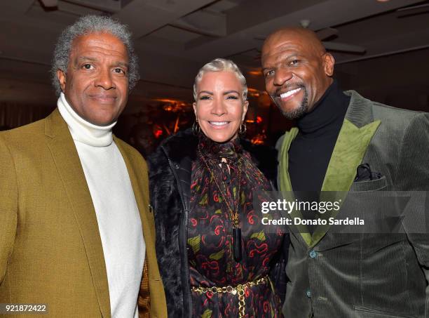 Elvis Mitchell, Rebecca King-Crews and Terry Crews attend Esquire's 'Mavericks of Hollywood' Celebration presented by Hugo Boss on February 20, 2018...