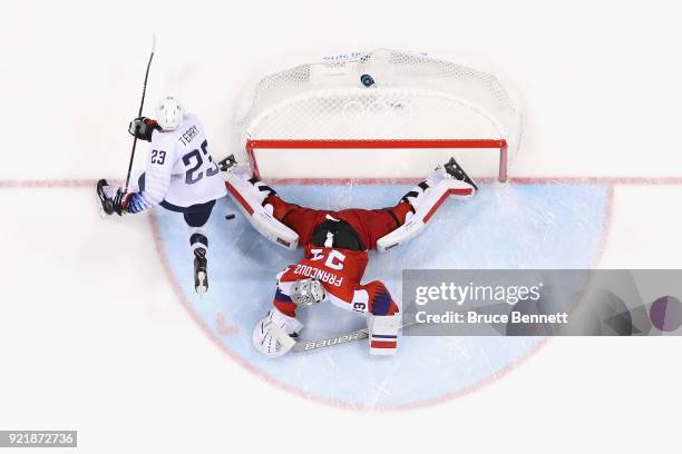 Pavel Francouz of the Czech Republic makes a save against Troy Terry of the United States in the overtime penalty-shot shootout during the Men's...