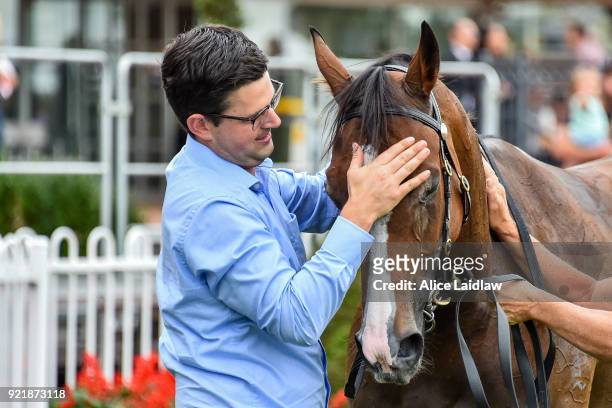 Mitchell Beer with Dreams of Paris after winning the Mitavite Summer Challenge Heat 5 at Caulfield Racecourse on February 21, 2018 in Caulfield,...