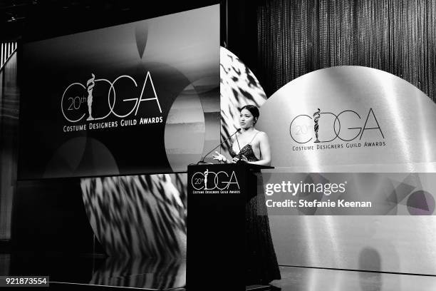 Host Gina Rodriguez speaks onstage at the Costume Designers Guild Awards at The Beverly Hilton Hotel on February 20, 2018 in Beverly Hills,...