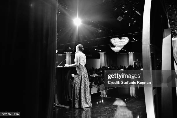 Host Gina Rodriguez speaks onstage at the Costume Designers Guild Awards at The Beverly Hilton Hotel on February 20, 2018 in Beverly Hills,...