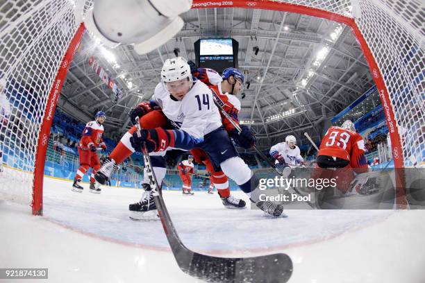 Broc Little of the United States collides with Tomas Kundratek of the Czech Republic during the Men's Play-offs Quarterfinals on day twelve of the...