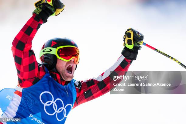 Brady Leman of Canada takes 1st place during the Freestyle Skiing Men's Finals Ski Cross at Pheonix Snow Park on February 21, 2018 in...