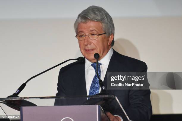 Atletico de Madrid president Enrique Cerezo is seen during the press conference to promote 5th Platinum Awards of Ibero-American Cinema, the event...