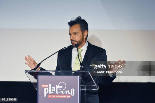 Actor Eugenio Derbez is seen during the press conference to promote 5th Platinum Awards of Ibero-American Cinema, the event will be held on April 29...