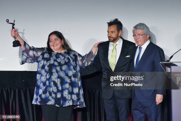 Marisol Venegas, Actor Eugenio Derbez and Atletico de Madrid president Enrique Cerezo is seen during the press conference to promote 5th Platinum...