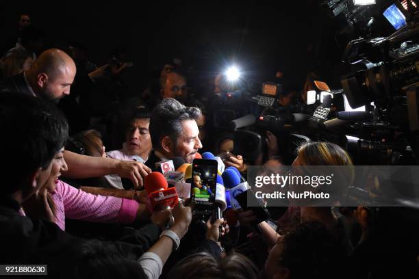Actor Eugenio Derbez is seen interviewed of media during the press conference to promote 5th Platinum Awards of Ibero-American Cinema, the event will...
