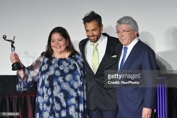 Marisol Venegas, Actor Eugenio Derbez and Atletico de Madrid president Enrique Cerezo is seen during the press conference to promote 5th Platinum...