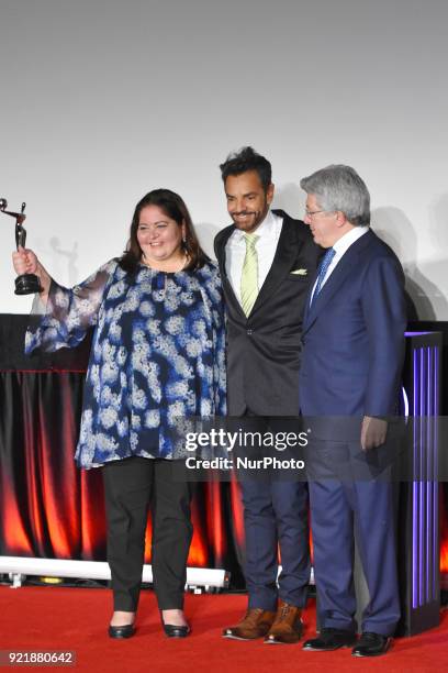 Marisol Venegas, Actor Eugenio Derbez and Atletico de Madrid president Enrique Cerezo is seen during the press conference to promote 5th Platinum...