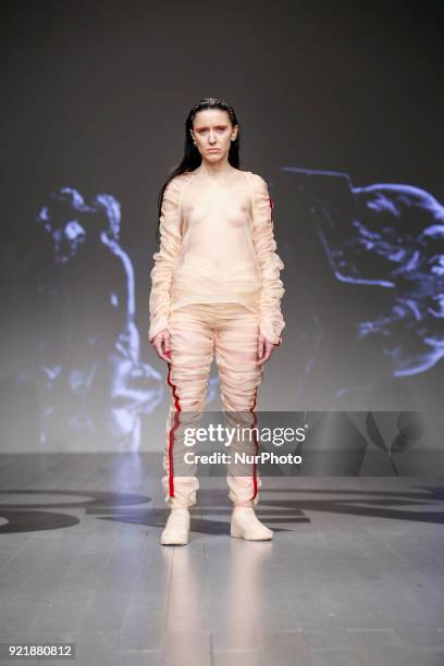 Models are presenting a new Autumn/Winter 2018 On/Off Presents collection during London Fashion Weak in the Store Studios showspace in London on the...