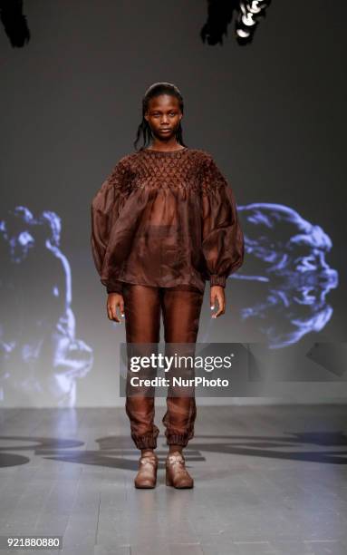 Models are presenting a new Autumn/Winter 2018 On/Off Presents collection during London Fashion Weak in the Store Studios showspace in London on the...