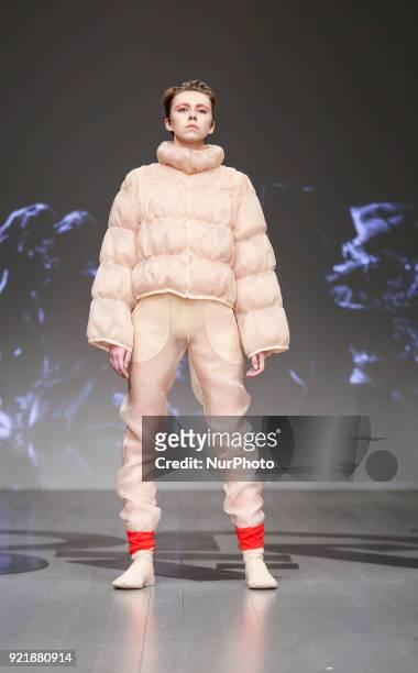 Models are presenting a new Autumn/Winter 2018 On/Off Presents collection during London Fashion Weak in the Store Studios showspace in London on the...