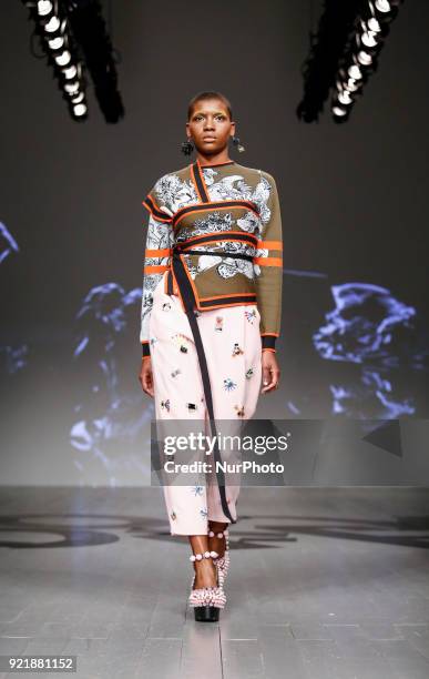 Models are presenting a new Autumn/Winter 2018 On/Off Presents collection during London Fashion Weak in the Store Studios showspace in London on the...