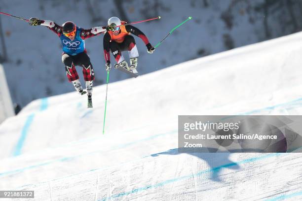 Brady Leman of Canada takes 1st place, Marc Bischofberger of Switzerland takes 2nd place during the Freestyle Skiing Men's Finals Ski Cross at...