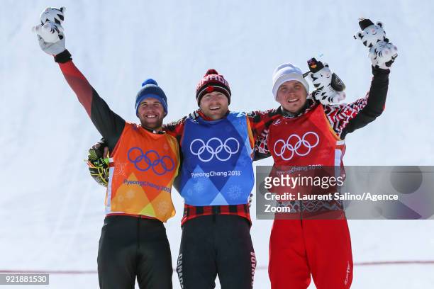 Brady Leman of Canada takes 1st place, Marc Bischofberger of Switzerland takes 2nd place, Sergey Ridzik of Russia takes 3rd place during the...