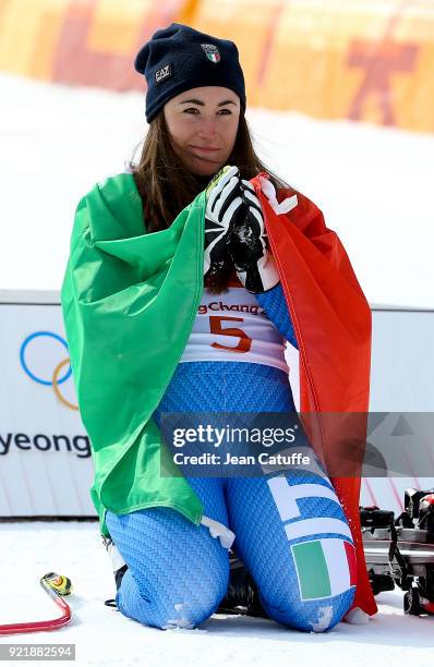 Gold medalist Sofia Goggia of Italy during the venue victory ceremony following the Ladies Downhill at Jeongseon Alpine Centre on February 21, 2018...