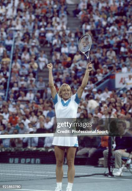 Martina Navratilova of the USA celebrates after defeating Chris Evert-Lloyd of the USA in the Women's Singles Final in the US Open at the USTA...