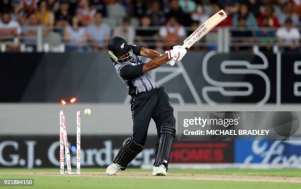 New Zealand's Ish Sodhi is bowled out during the final Twenty20 Tri Series international cricket match between New Zealand and Australia at Eden Park...