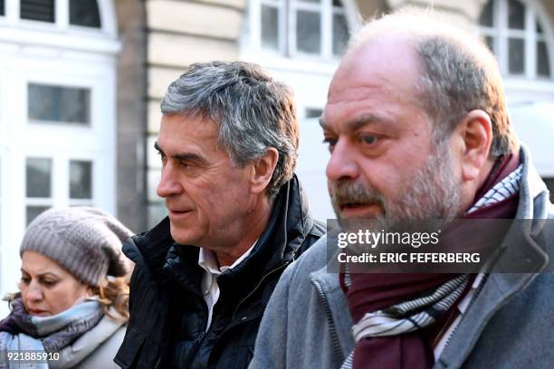 French former budget minister Jerome Cahuzac and his lawyer Eric Dupond-Moretti arrive at Paris' courthouse on February 21, 2018 for the last day of...