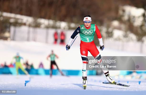 Maiken Caspersen Falla of Norway crosses the line during the Cross Country Ladies' Team Sprint Free semi final on day 12 of the PyeongChang 2018...