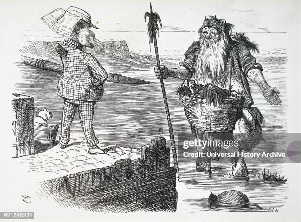 Cartoon depicting Old Father Thames looking ashamed of his filthiness. Illustrated by John Tenniel an English illustrator graphic humourist, and...