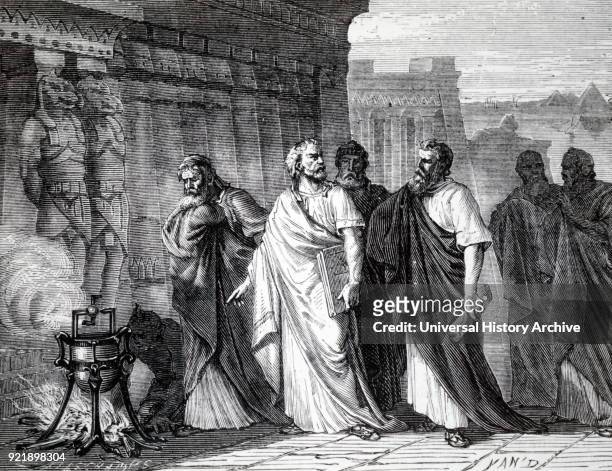 Engraving depicting Hero of Alexandria demonstrating his aeolipile. Hero of Alexandria a Roman Egyptian mathematician and engineer. Dated 19th...