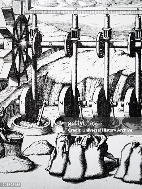 Engraving depicting multiple grinding mills powered by an undershot water wheel. Dated 17th century.