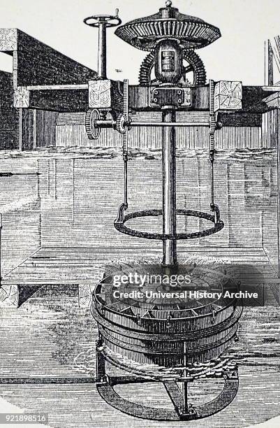 Engraving depicting Segur's inflow water turbine or 'vortex wheel'. Dated 19th century.