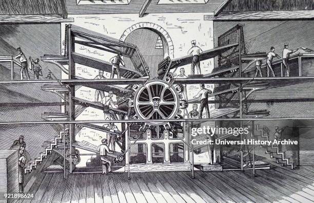 Engraving depicting Richard March Hoe's ten-feeder rotary printing press. Richard March Hoe an American inventor from New York City who designed a...