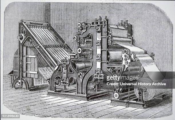 Engraving depicting the Walter rotary press, installed for printing The Times in 1866. Two such machines, each producing 11,000 copies per hour,...
