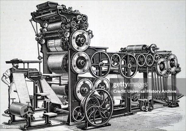 Engraving depicting Marioni's rotary press used to illustrated work. This machine could turn out 7,000 copies per hour with hard packing on dry...
