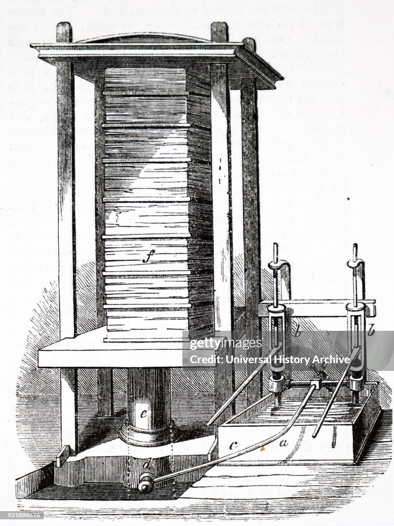 The compression of printed sheets in a hydraulic press.