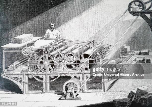 Engraving depicting Augustus Applegath's double cylinder perfecting machine. Augustus Applegath an English printer and inventor known for developing...