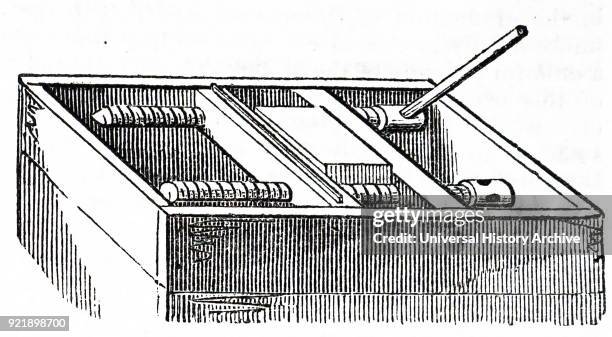 Illustration depicting the process of bookbinding: bookbinder's rolling machine. Dated 19th century.