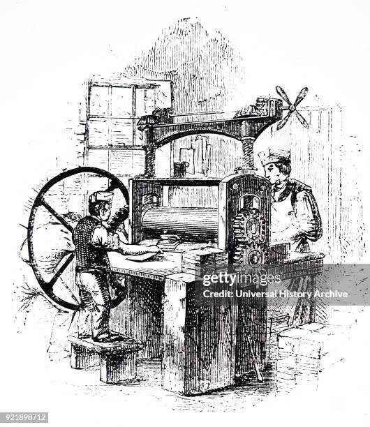 Illustration depicting the process of bookbinding: bookbinder's rolling machine. Dated 19th century.