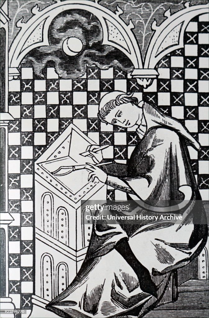 A monk copying a manuscript.