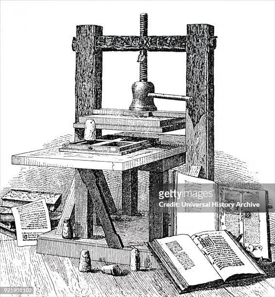 Engraving depicting Johannes Gutenberg's printer. Johannes Gutenberg a German blacksmith, goldsmith, printer, and publisher who introduced printing...