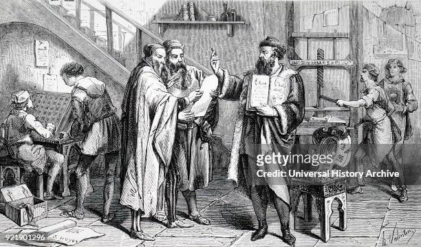 Engraving depicting Johannes Gutenberg's printing shop. Johannes Gutenberg a German blacksmith, goldsmith, printer, and publisher who introduced...