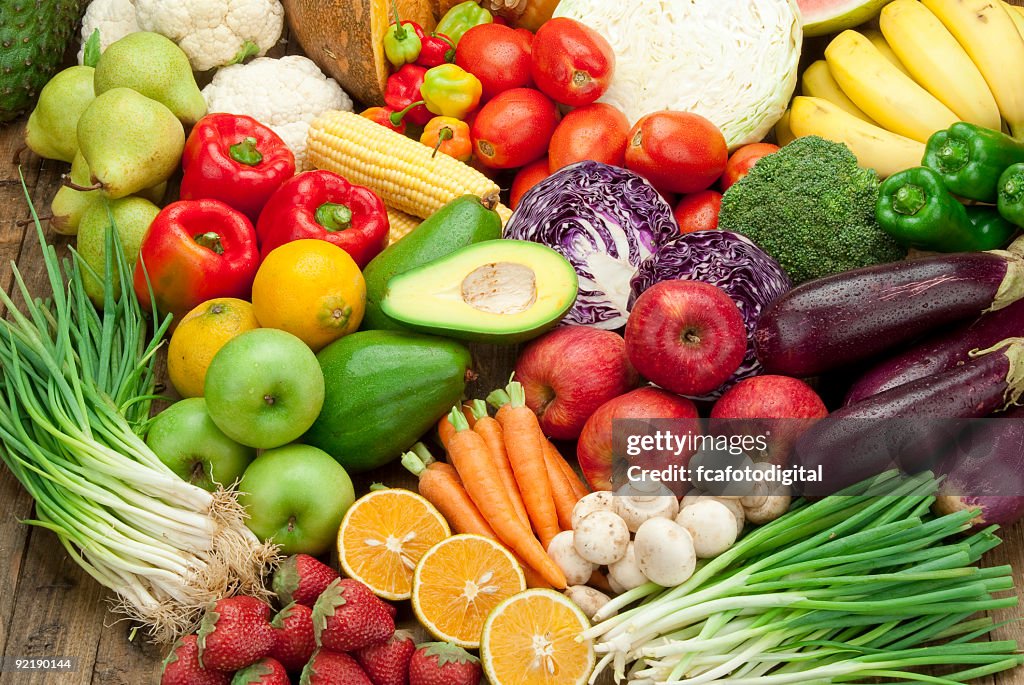 Assortment of fruits and veggies shoot from above