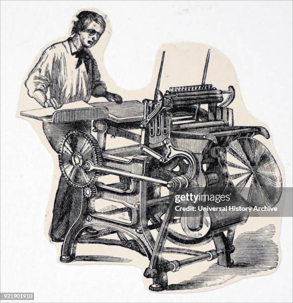 Illustration depicting a 'Liberty' plate printing press, much used by jobbing printers. Dated 19th century.