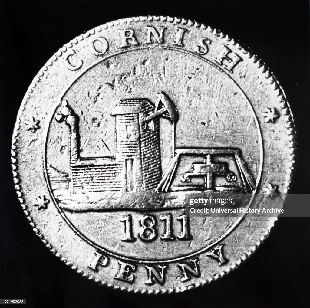 Cornish Penny depicting a Cornish mine.