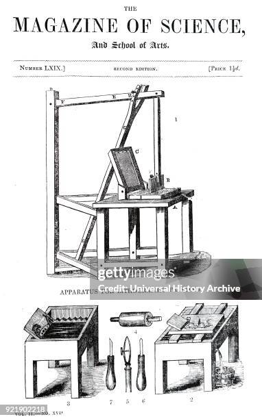 Diagram depicting a lithographic press. 1) Lithographic press. 2) Table for rubbing stones. 3) Etching block. 4) Roller for applying ink. 5) Steel...