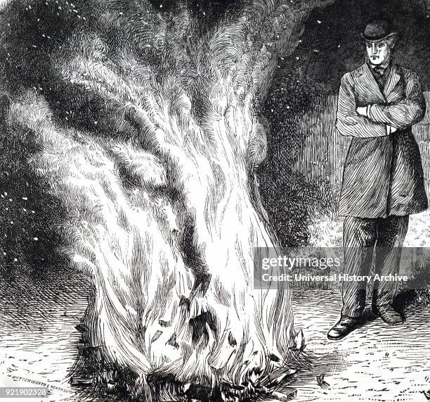 Engraving depicting a man burning books of which he doesn't approve of. Dated 19th century.