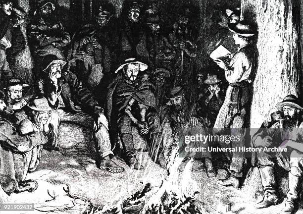 Illustration for Bret Harte's poem 'Little Nell' depicting a group of men listening to 'The old Curiosity Shop' whilst sitting around a camp fire....